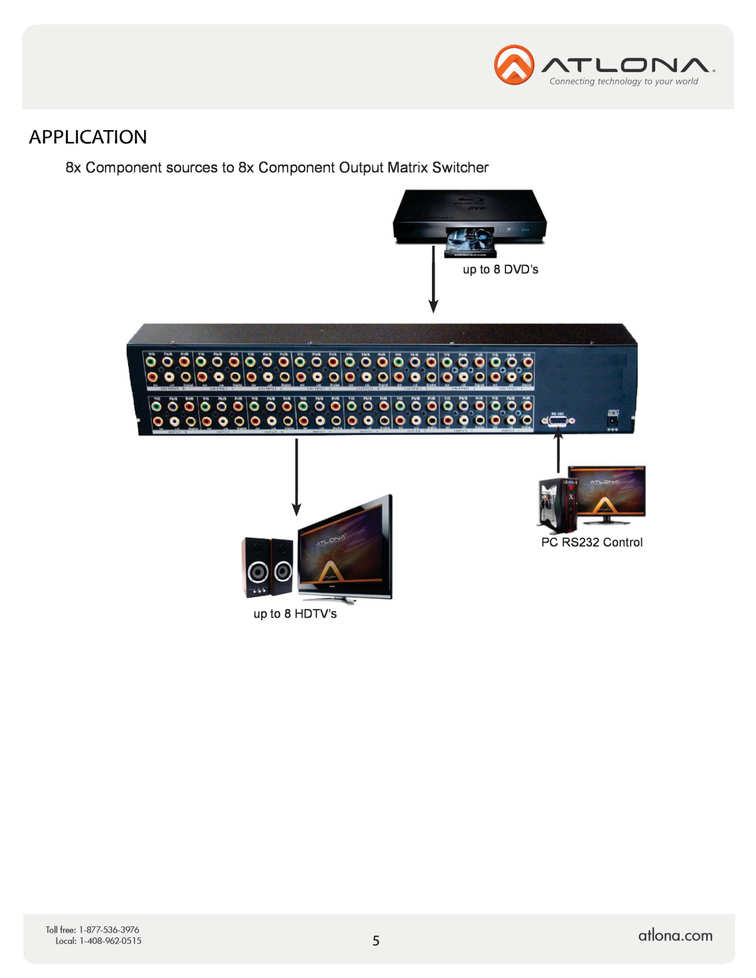 Atlona AT-COMP-88M Application, atlona.com, 8x Component sources to 8x Component Output Matrix Switcher, Toll free, Local 