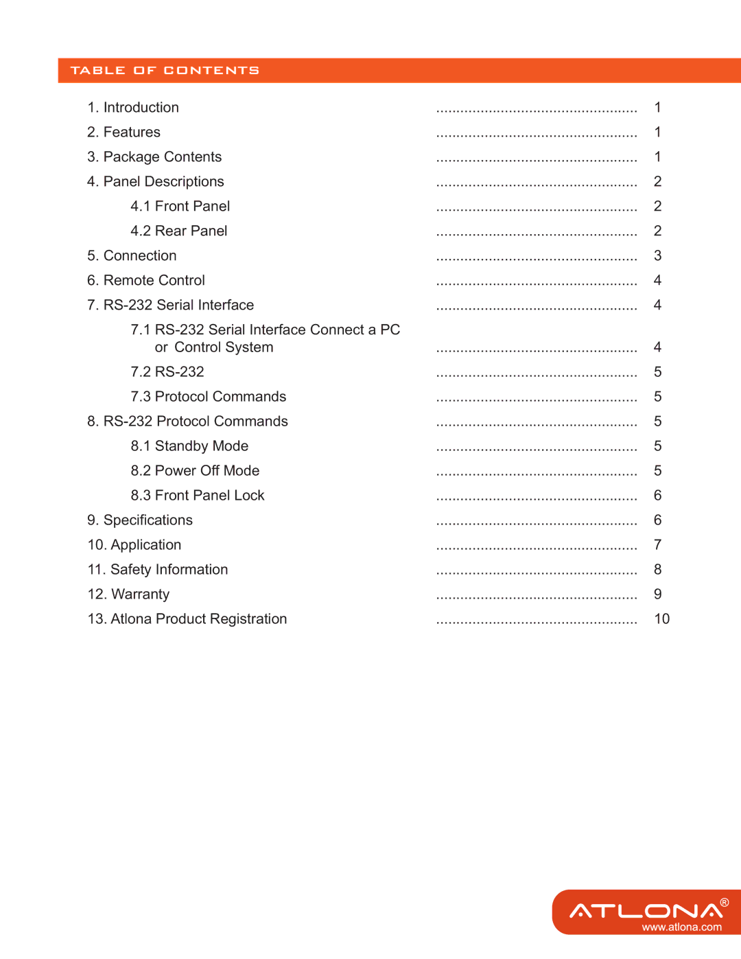 Atlona AT-COMP-88M user manual Table of Contents 