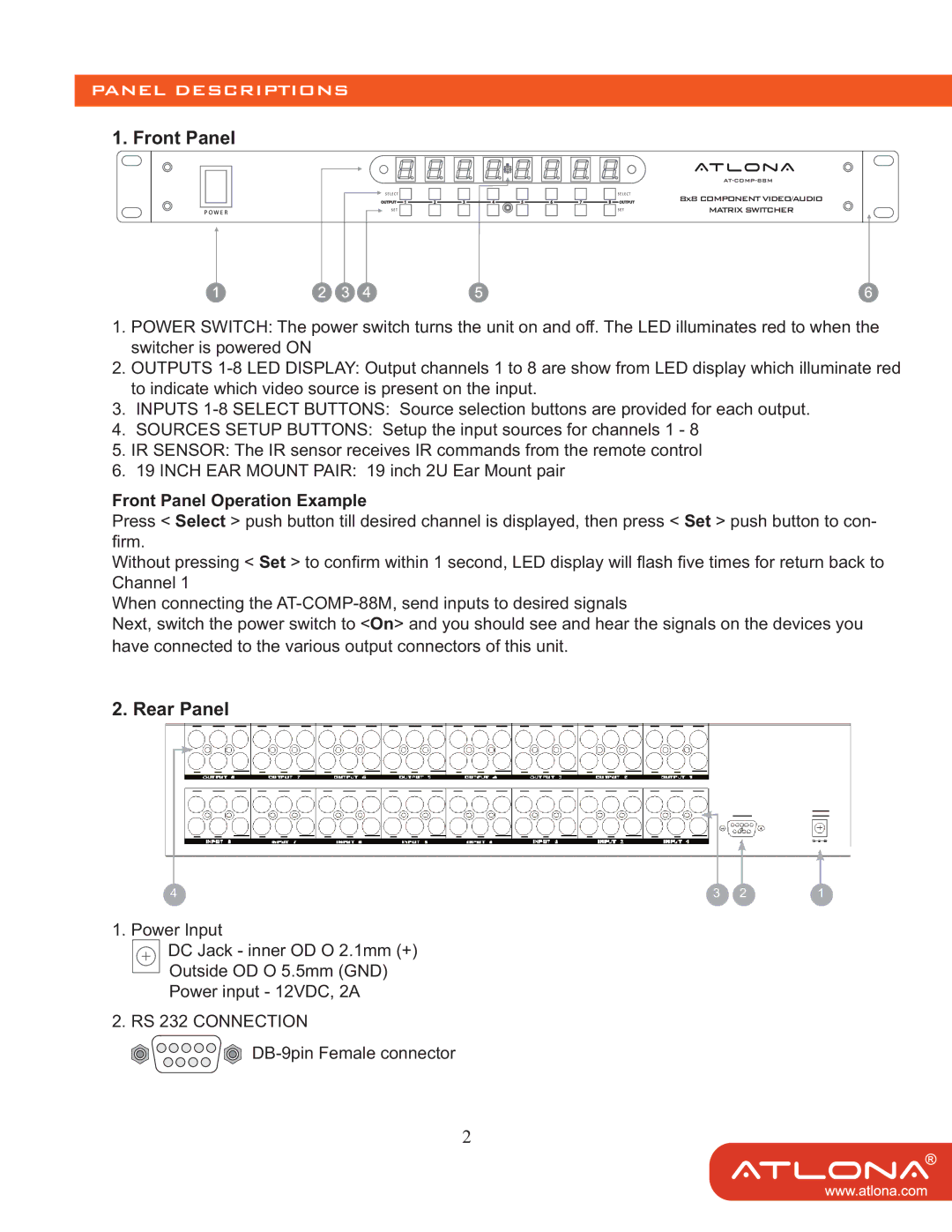 Atlona AT-COMP-88M user manual Panel Descriptions, Front Panel, Rear Panel 