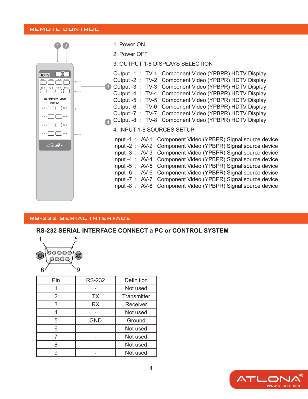 Atlona AT-COMP-88M user manual Remote Control, RS-232 Serial Interface Connect a PC or Control System 