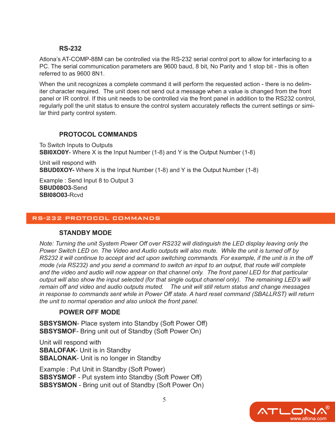 Atlona AT-COMP-88M user manual RS-232 Protocol Commands 