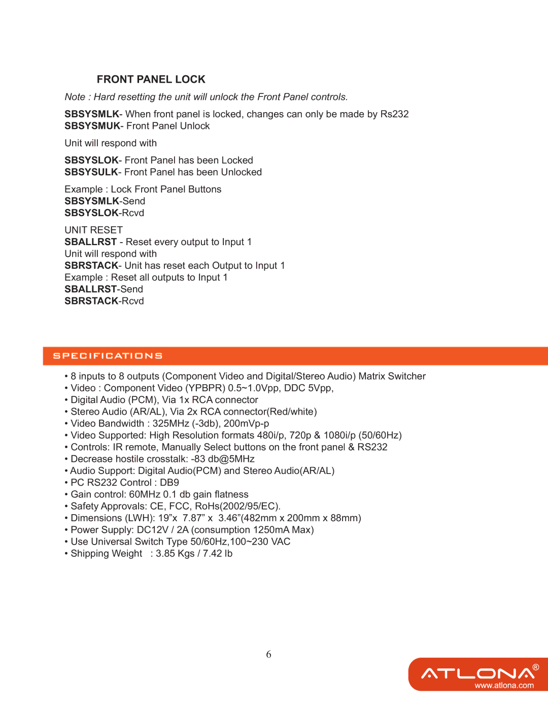 Atlona AT-COMP-88M user manual Front Panel Lock, Specifications 