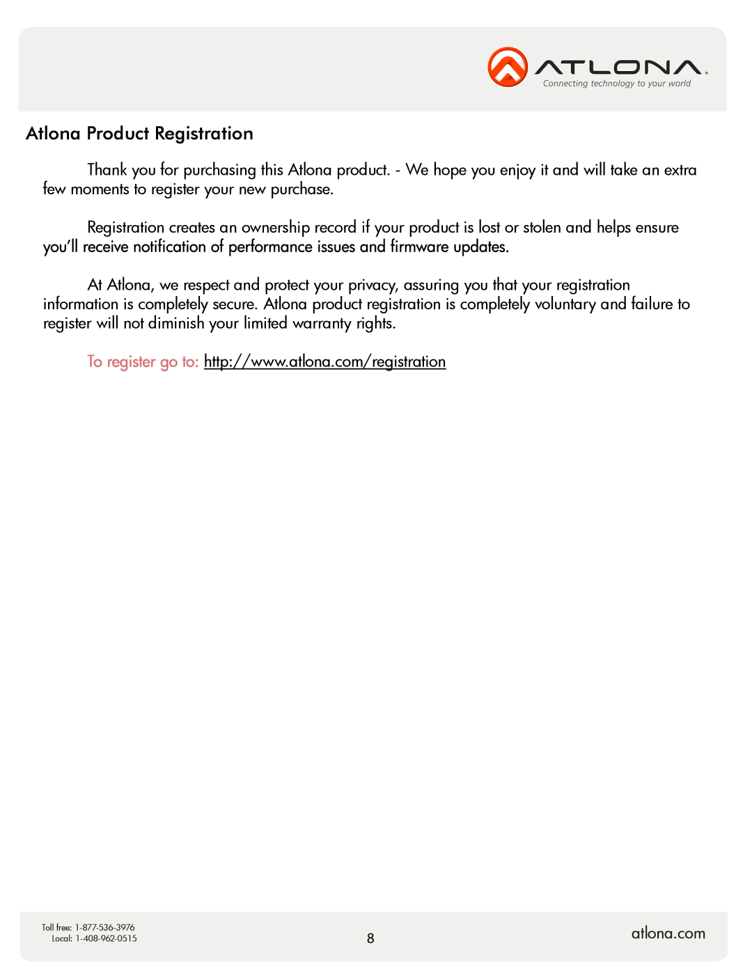 Atlona AT-COMP-88M user manual Atlona Product Registration 