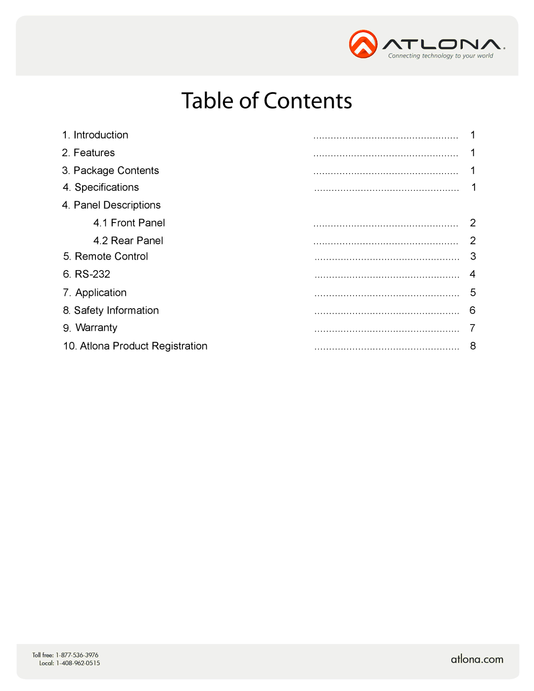 Atlona AT-COMP-88M user manual Table of Contents 