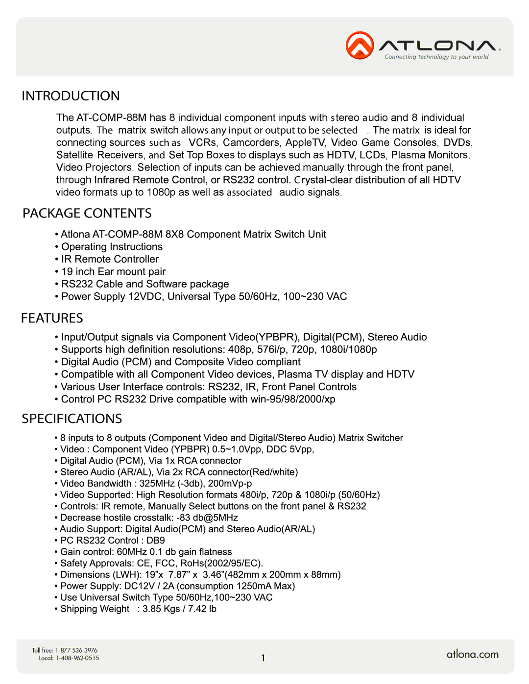 Atlona AT-COMP-88M user manual Introduction 