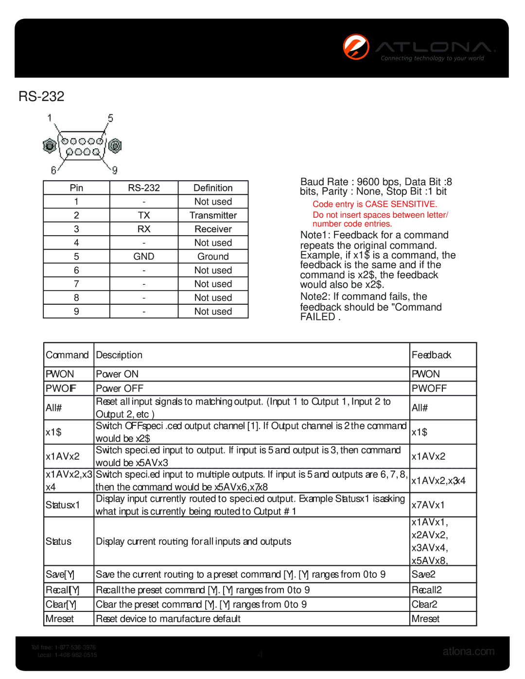 Atlona AT-COMP-88M user manual RS-232 