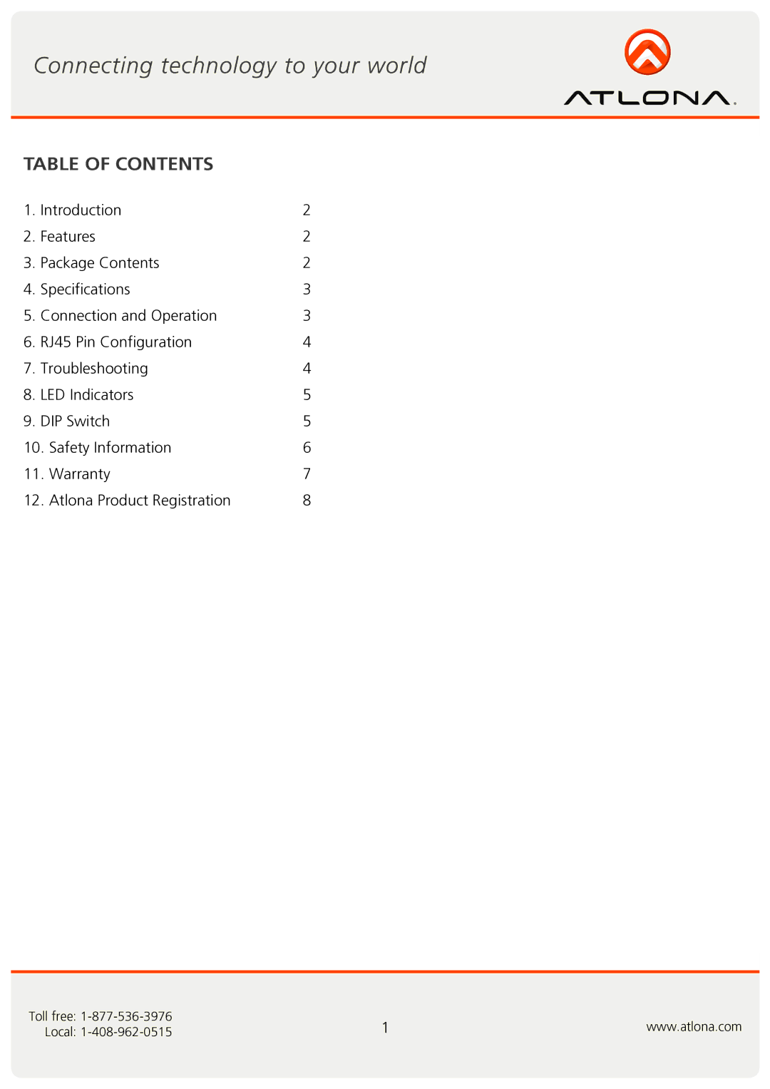 Atlona AT-COMP10SS user manual Table of Contents 