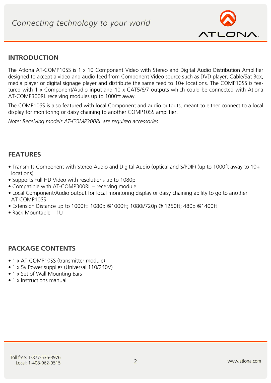Atlona AT-COMP10SS user manual Introduction, Features, Package Contents 