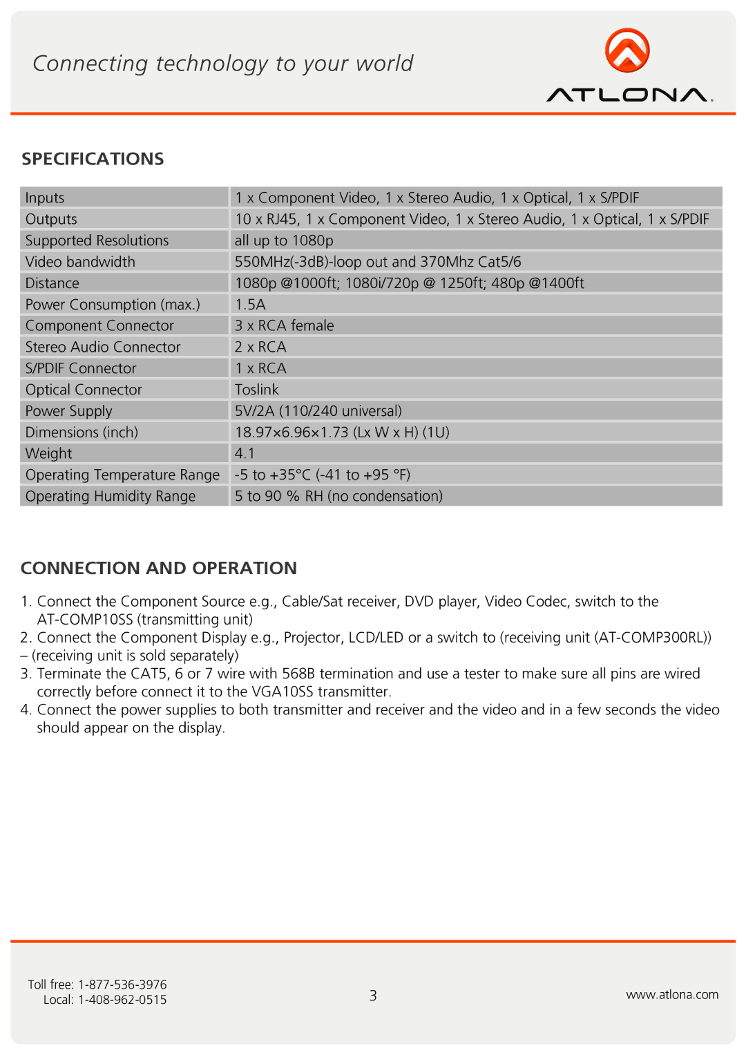 Atlona AT-COMP10SS user manual Specifications, Connection and Operation 