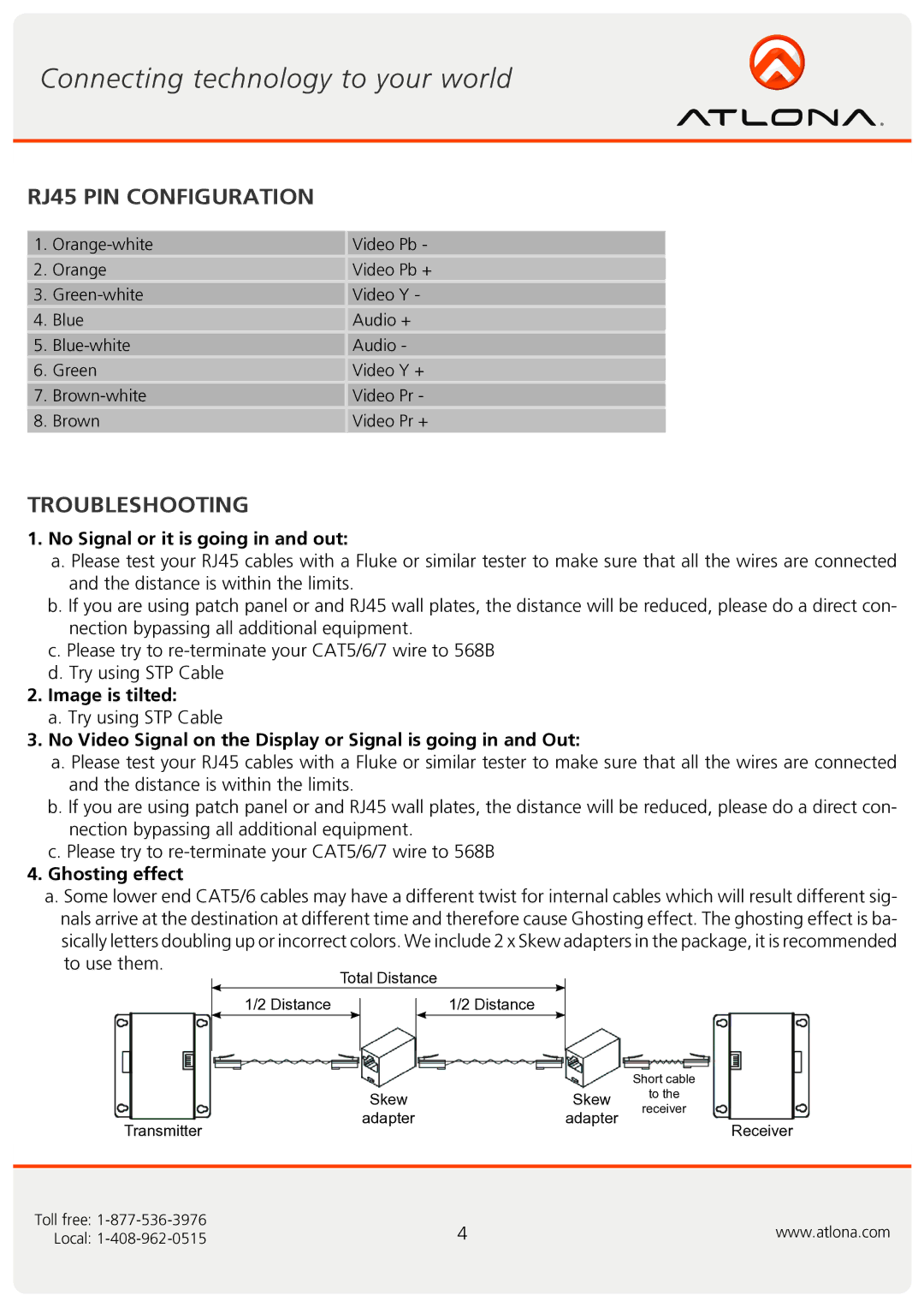 Atlona AT-COMP10SS user manual RJ45 PIN Configuration, Troubleshooting 