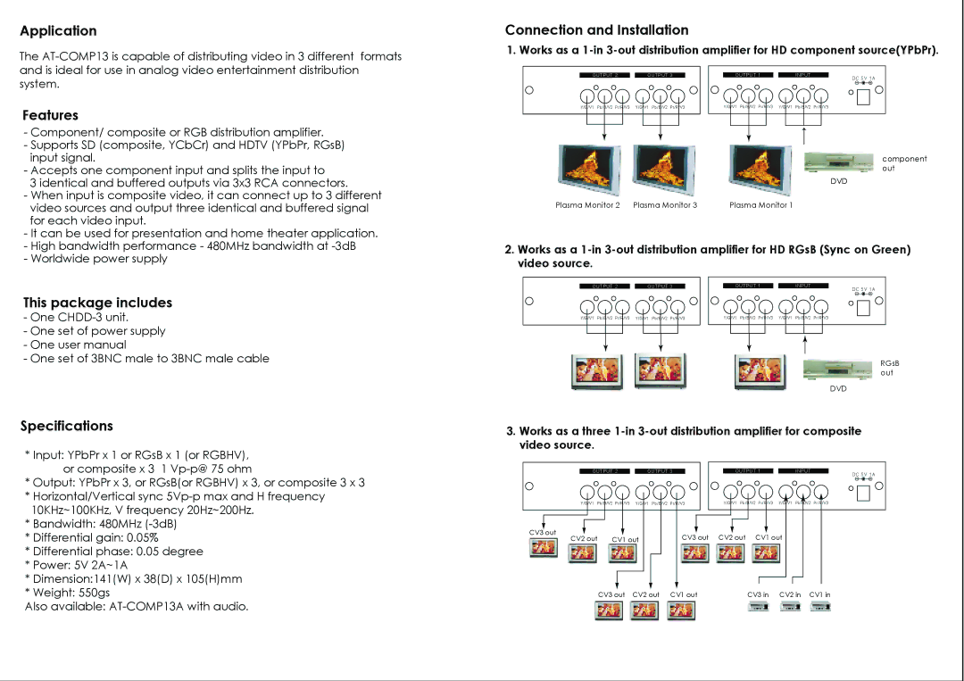 Atlona AT-COMP13 manual Application, Features, This package includes, Specifications, Connection and Installation 