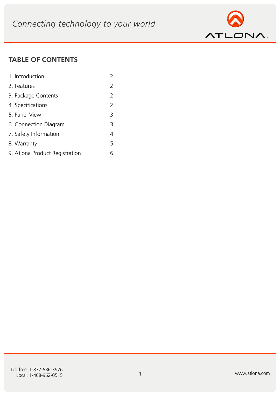 Atlona AT-COMP300SR user manual Table of Contents 