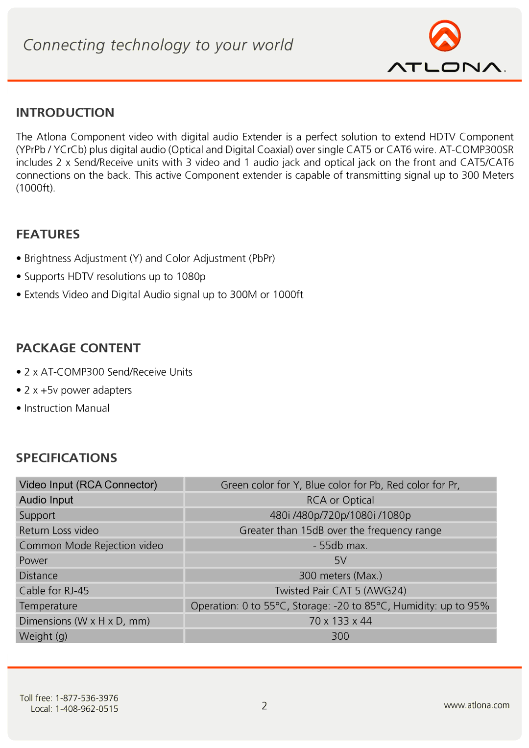 Atlona AT-COMP300SR user manual Introduction, Features, Package Content, Specifications 