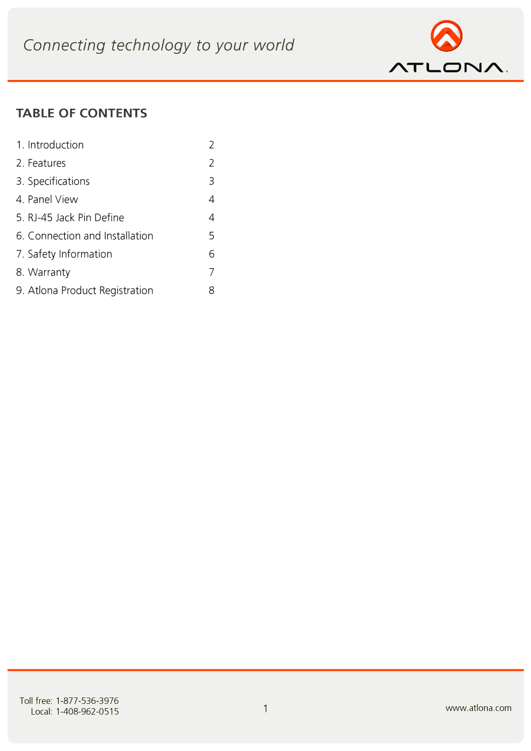 Atlona AT-COMP-SR, AT-COMPAD-SR, AT-AV-SR user manual Table of Contents 