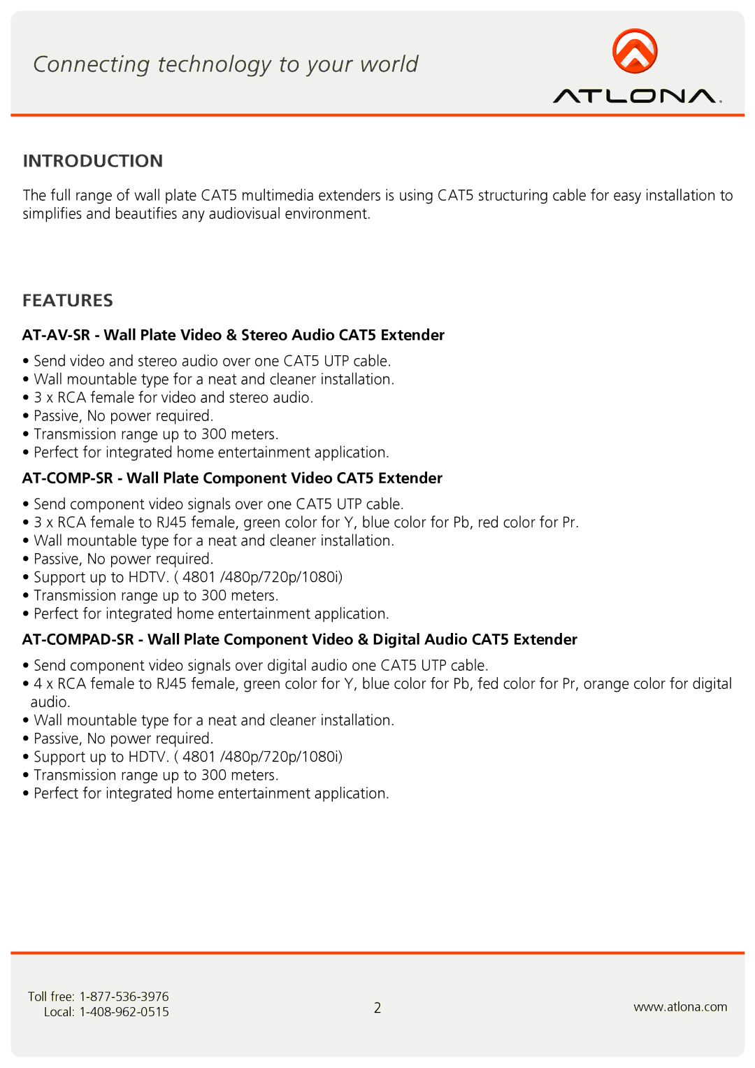 Atlona AT-COMPAD-SR, AT-AV-SR, AT-COMP-SR user manual Introduction, Features 