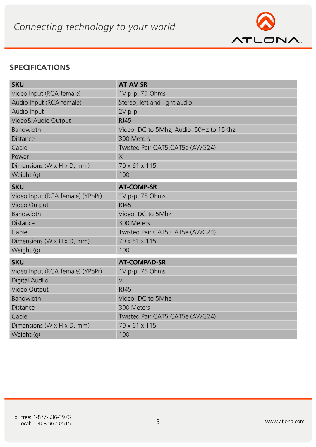 Atlona AT-AV-SR, AT-COMPAD-SR, AT-COMP-SR user manual Specifications, Sku At-Av-Sr 