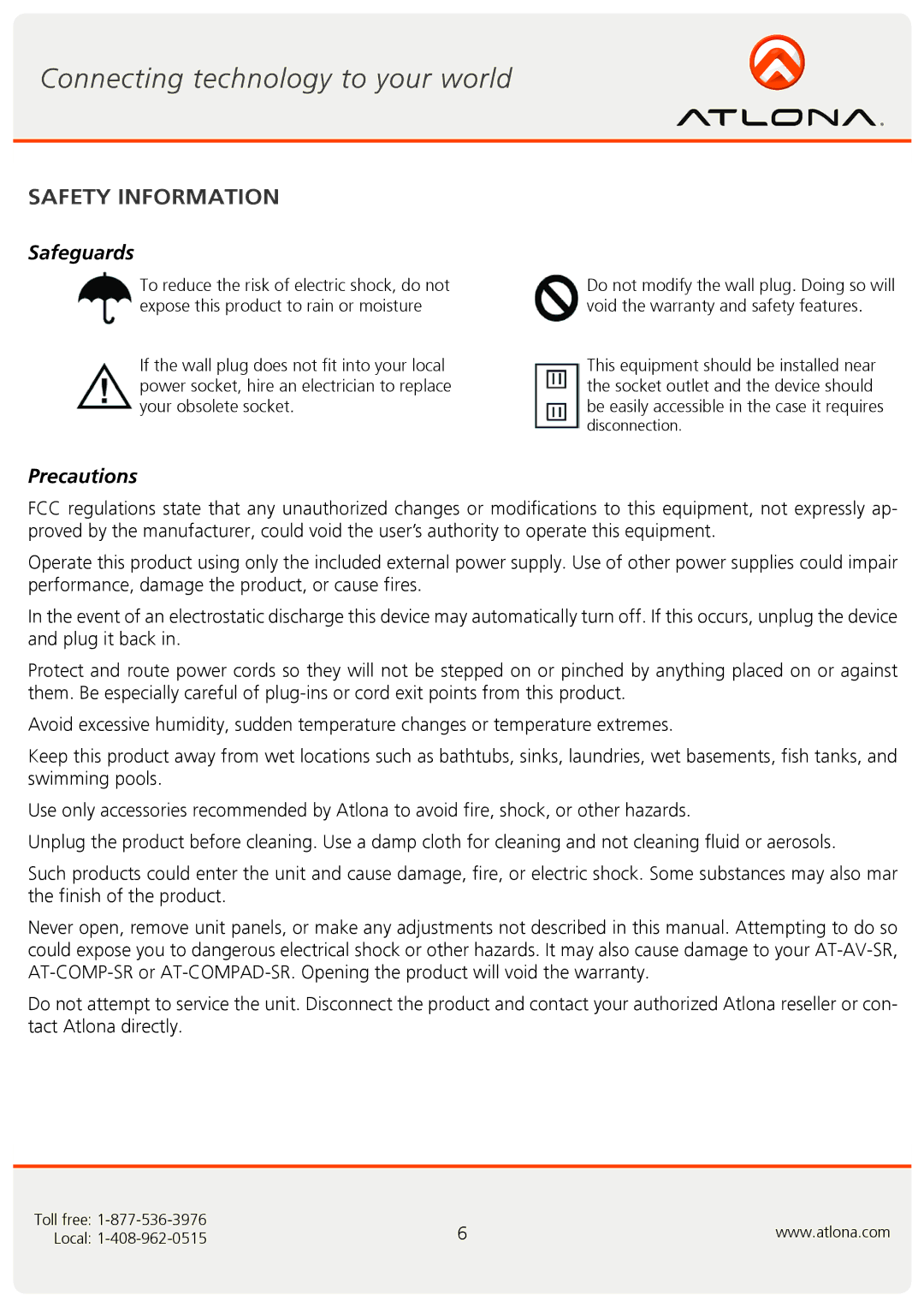 Atlona AT-AV-SR, AT-COMPAD-SR, AT-COMP-SR user manual Safety Information, Safeguards 