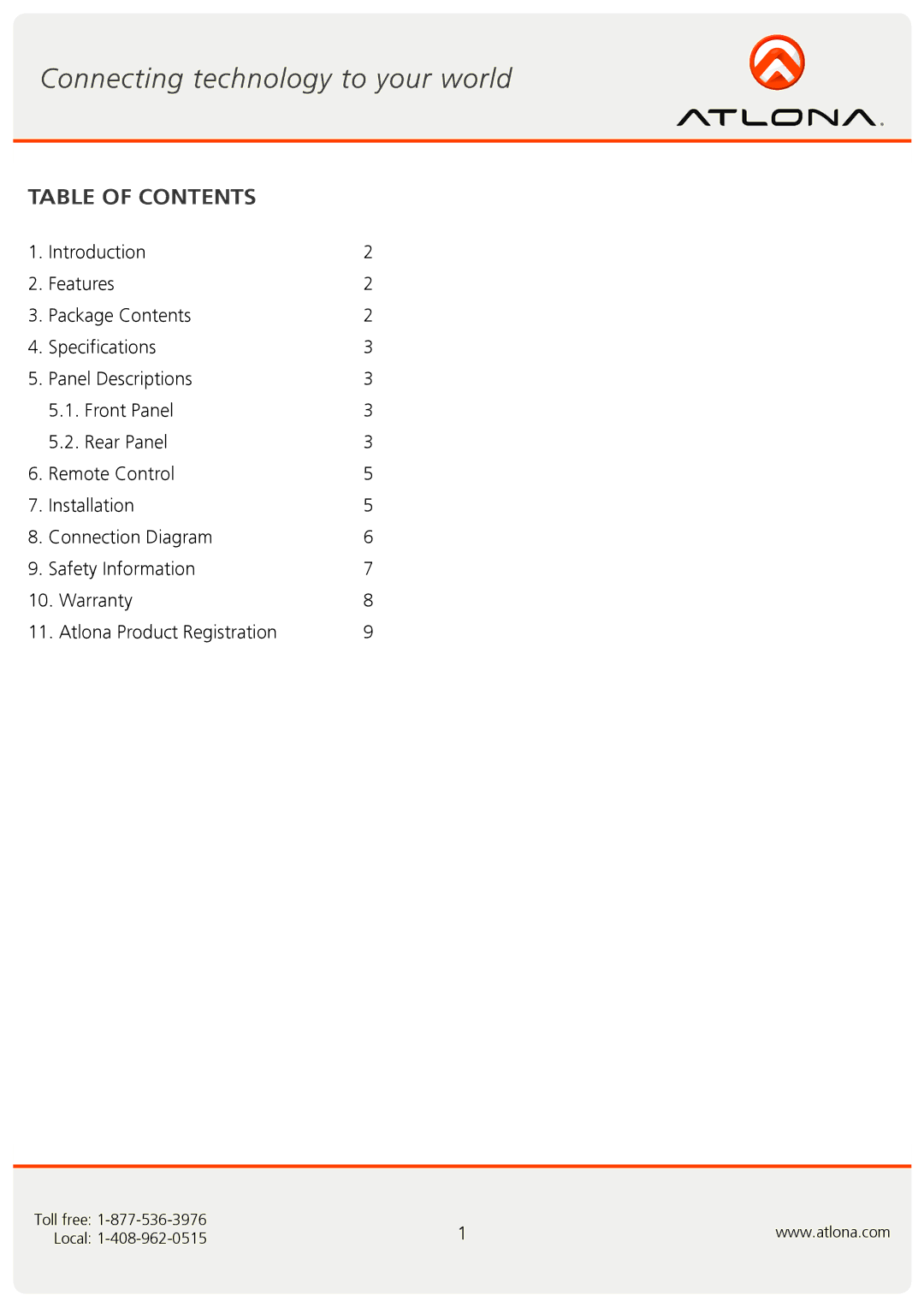 Atlona AT-CV42M user manual Table of Contents 