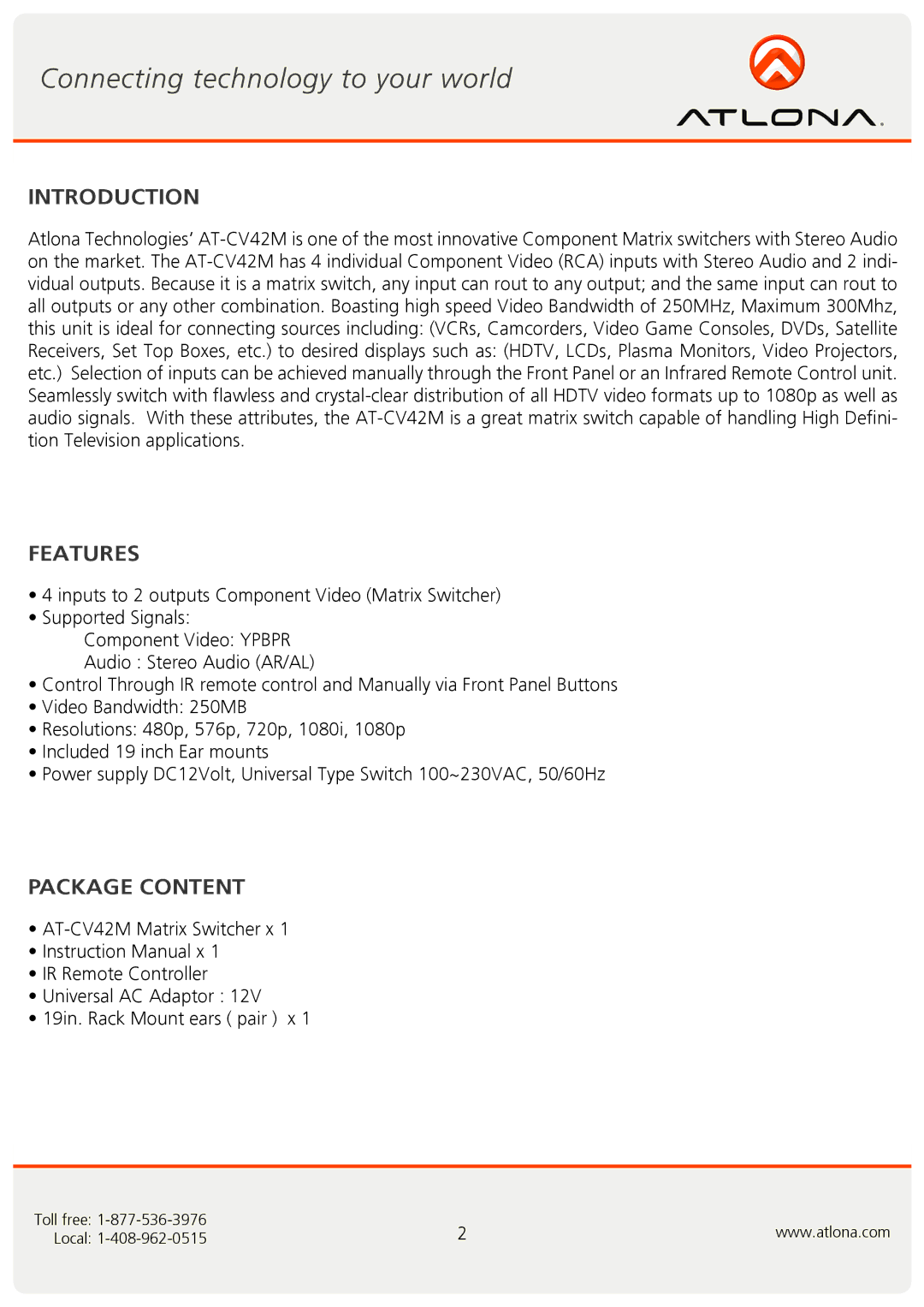 Atlona AT-CV42M user manual Introduction, Features, Package Content 