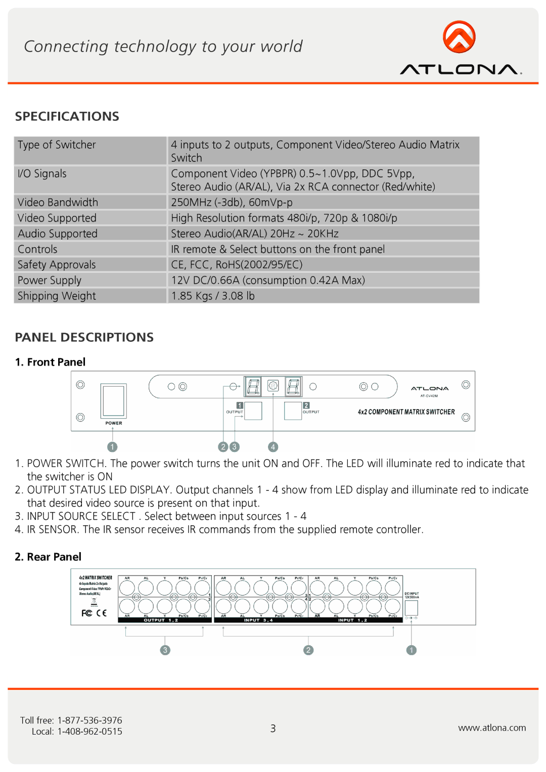 Atlona AT-CV42M user manual Specifications, Panel Descriptions 