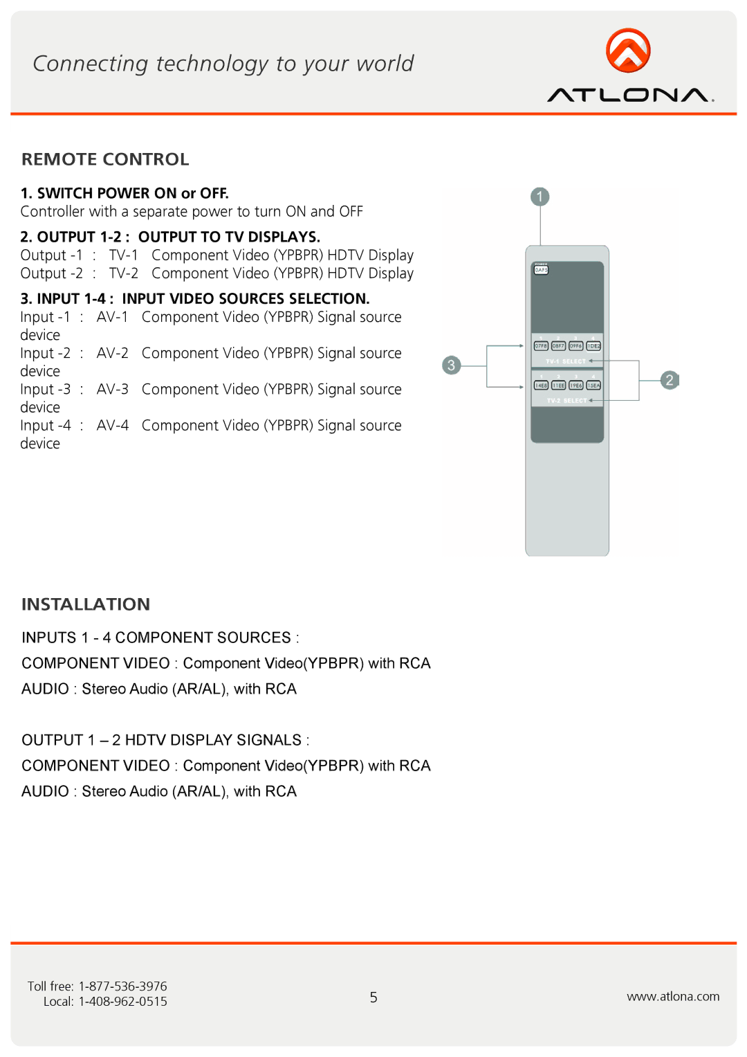 Atlona AT-CV42M user manual Remote Control, Installation 