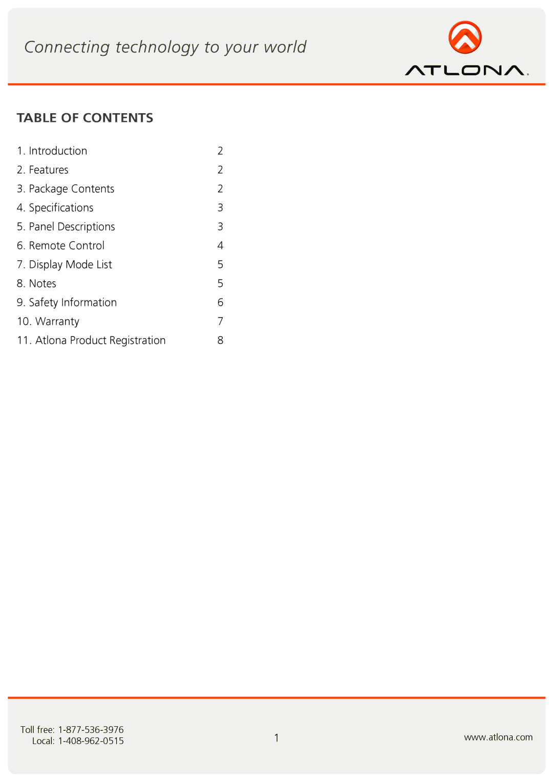 Atlona AT-DIS7-HD user manual Table of Contents 