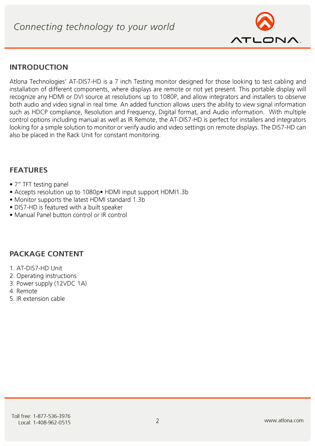 Atlona AT-DIS7-HD user manual Introduction, Features, Package Content 