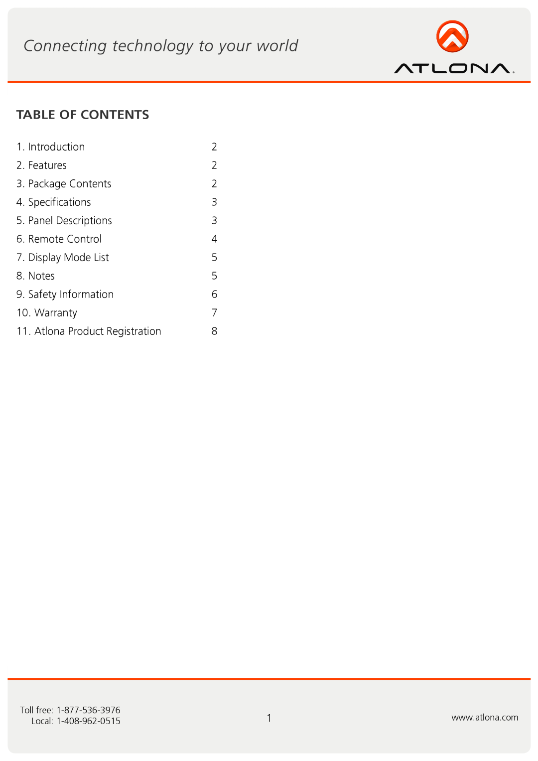Atlona AT-DIS7-HD user manual Table Of Contents 