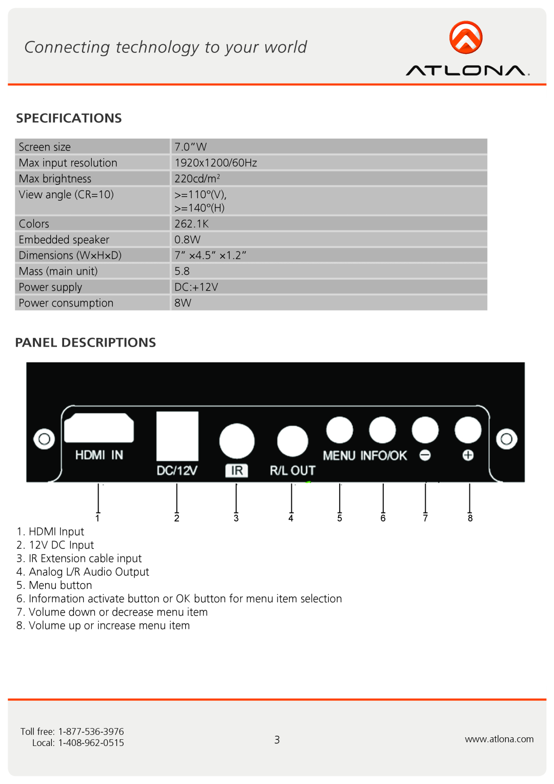Atlona AT-DIS7-HD user manual Specifications, Panel Descriptions 