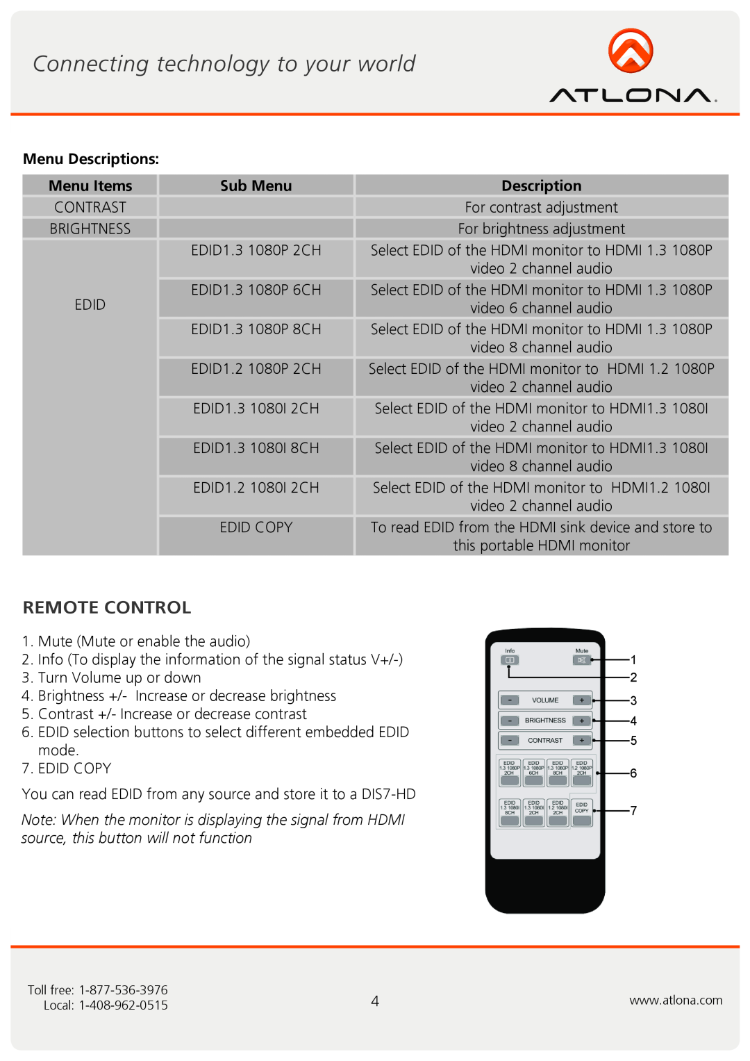 Atlona AT-DIS7-HD user manual Remote Control, Menu Descriptions, Menu Items, Sub Menu 