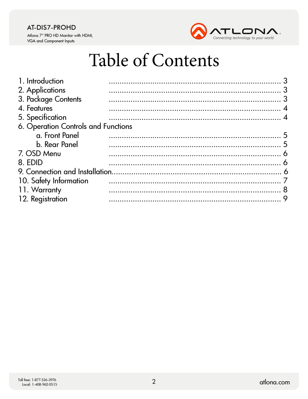 Atlona AT-DIS7-PROHD user manual Table of Contents 