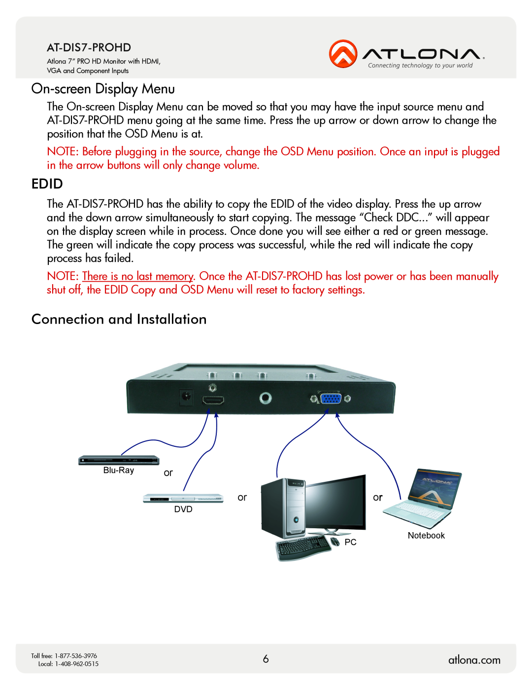 Atlona AT-DIS7-PROHD user manual On-screen Display Menu, Edid, Connection and Installation, atlona.com 