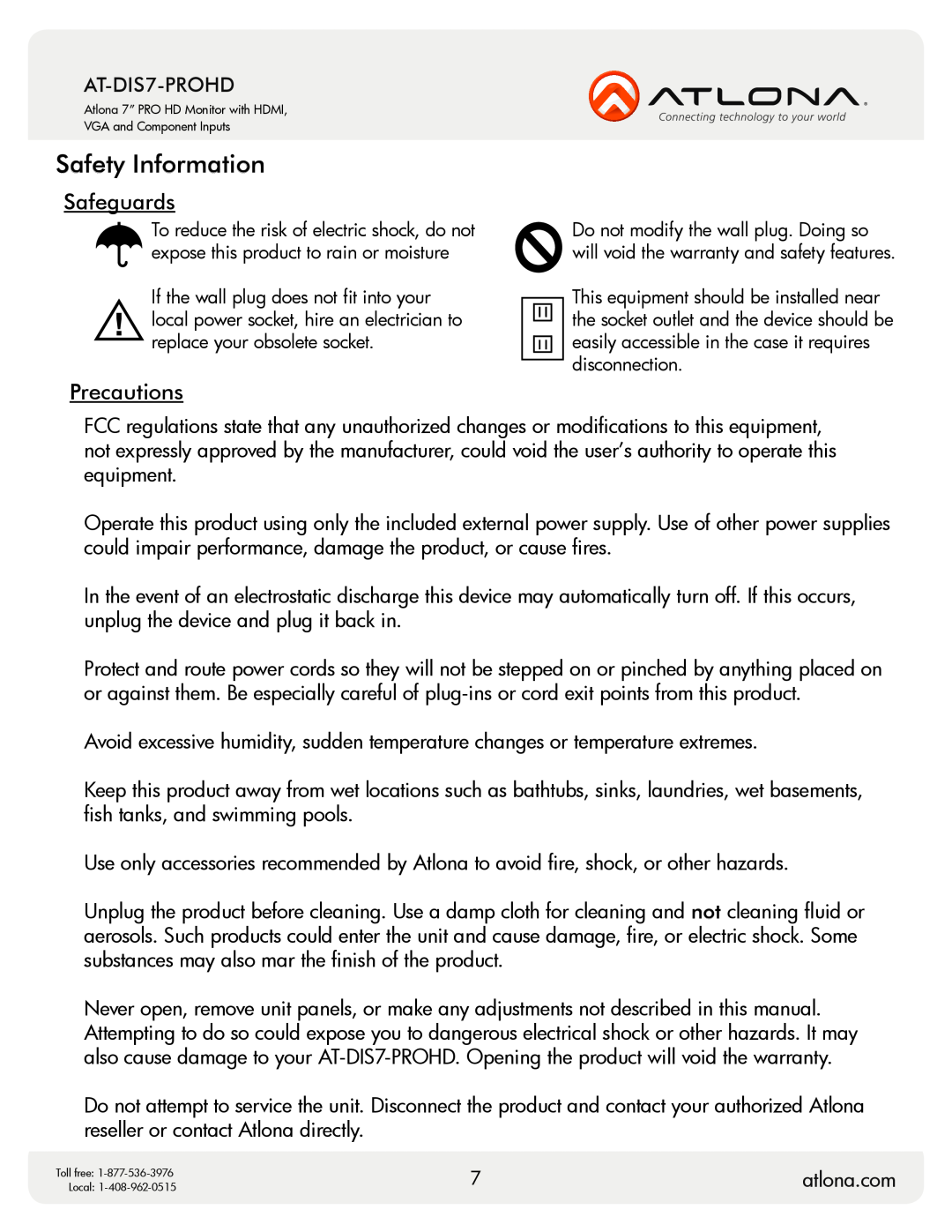 Atlona AT-DIS7-PROHD user manual Safety Information, Safeguards, Precautions, atlona.com 