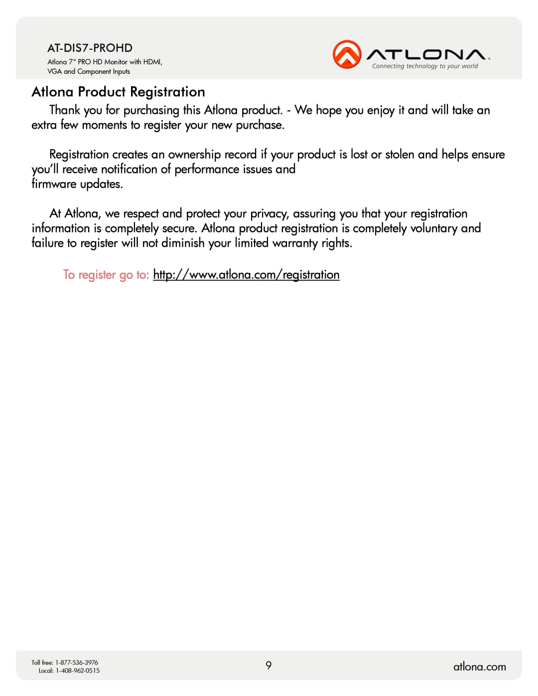 Atlona AT-DIS7-PROHD user manual Atlona Product Registration 