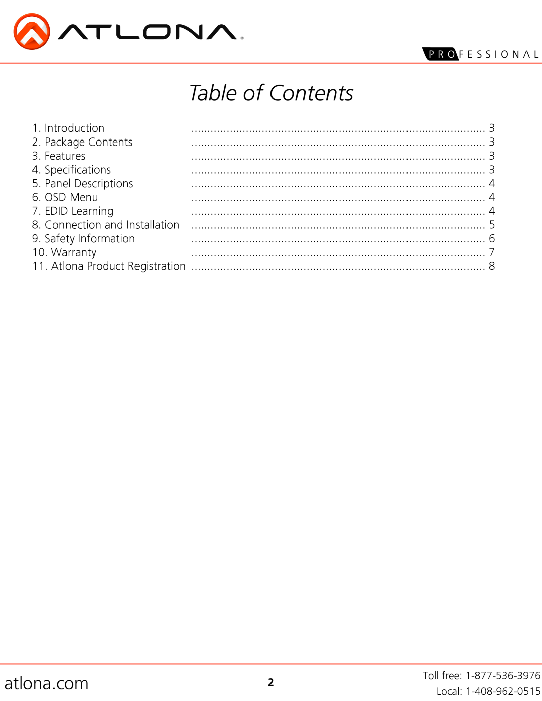 Atlona AT-DIS7-PROHD user manual Table of Contents, atlona.com 