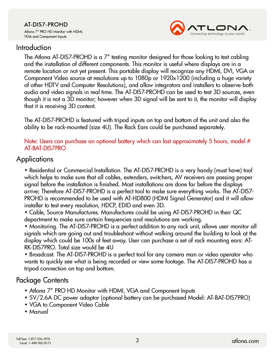 Atlona AT-DIS7-PROHD user manual Introduction, Applications, Package Contents 