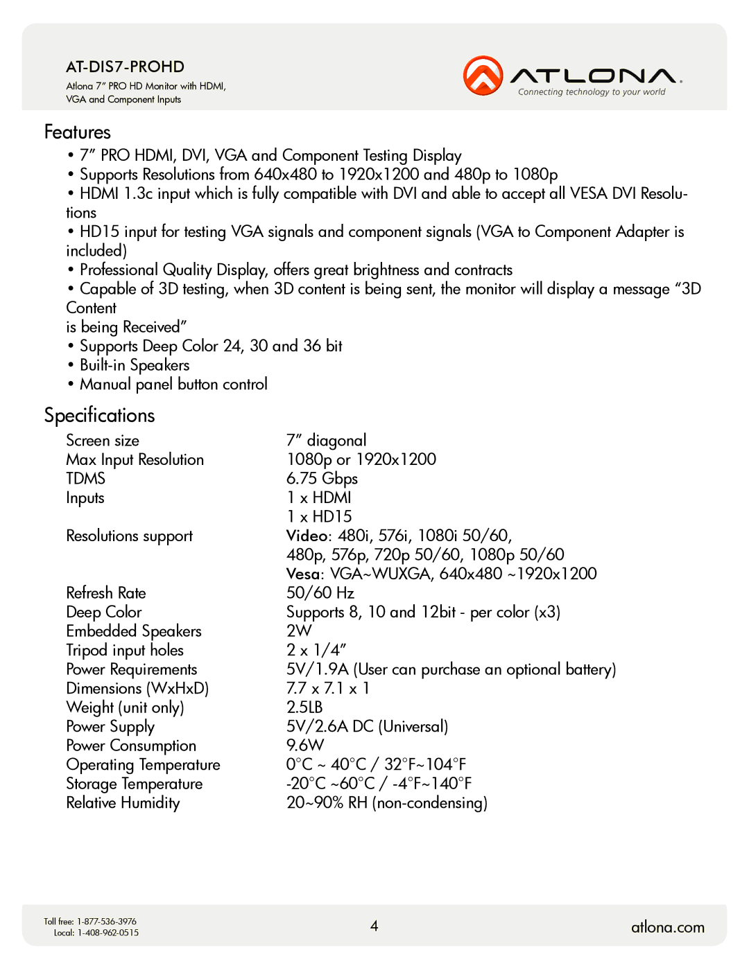 Atlona AT-DIS7-PROHD user manual Features, Specifications 