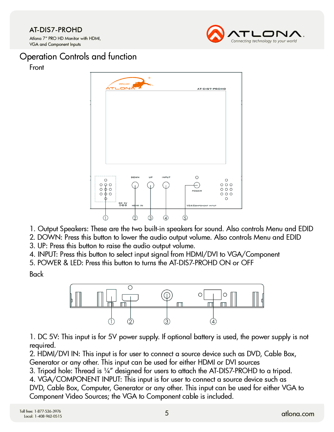 Atlona AT-DIS7-PROHD user manual Operation Controls and function 