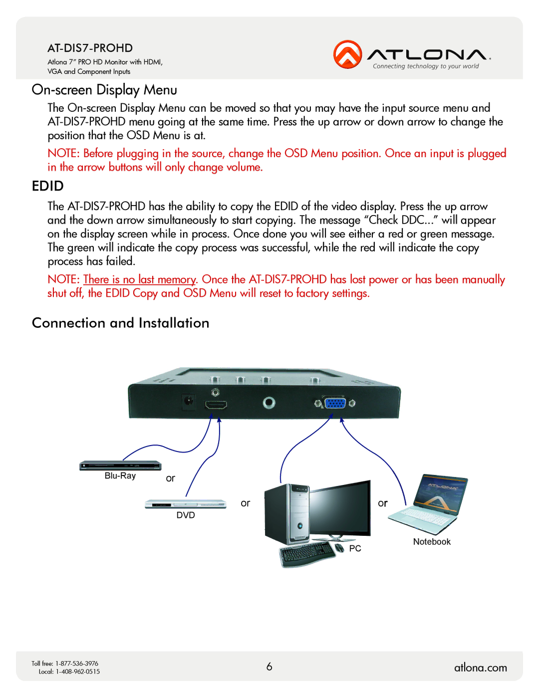 Atlona AT-DIS7-PROHD user manual On-screen Display Menu, Connection and Installation 