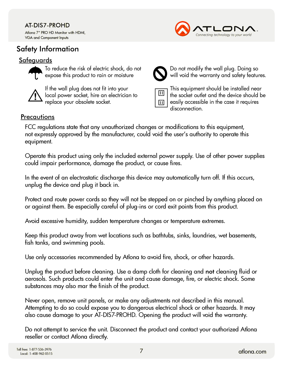 Atlona AT-DIS7-PROHD user manual Safety Information, Safeguards 