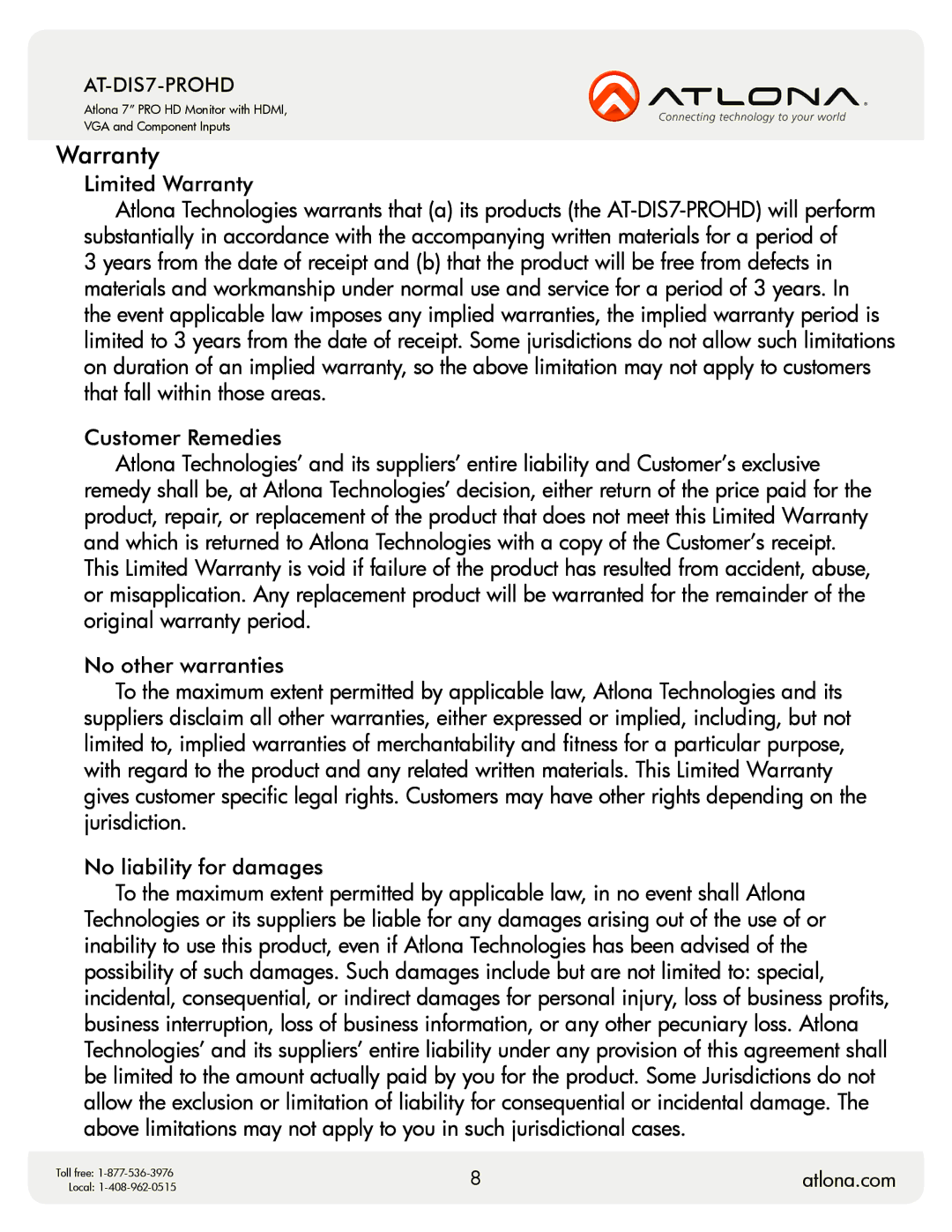 Atlona AT-DIS7-PROHD user manual Limited Warranty 
