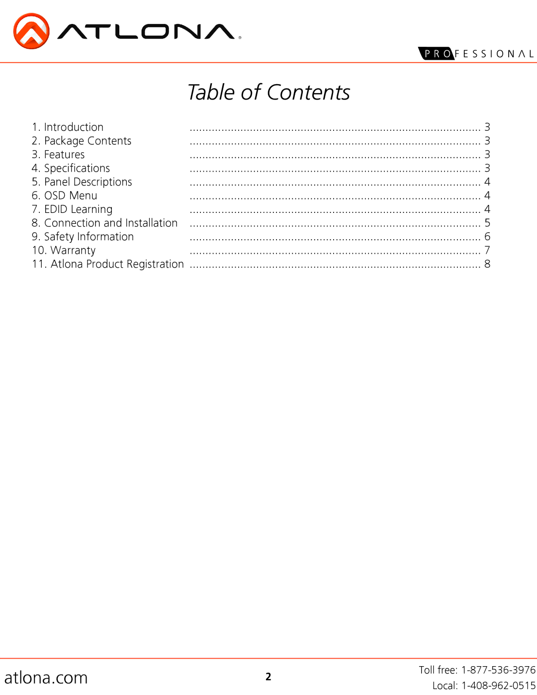 Atlona AT-DIS7-PROHD user manual Table of Contents 