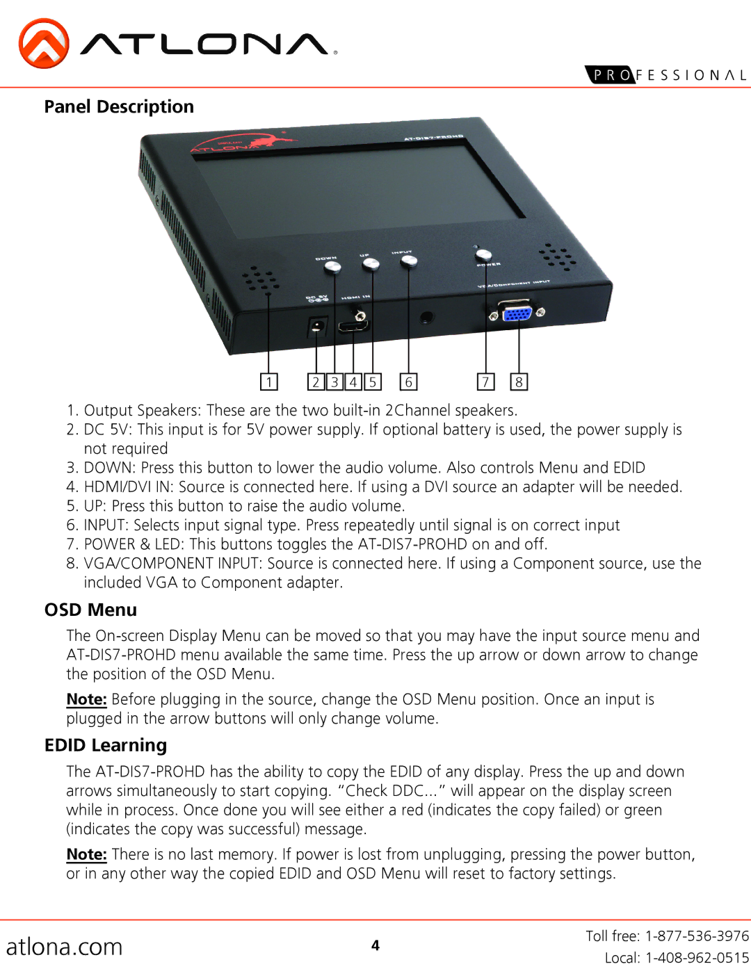 Atlona AT-DIS7-PROHD user manual Panel Description, OSD Menu, Edid Learning 