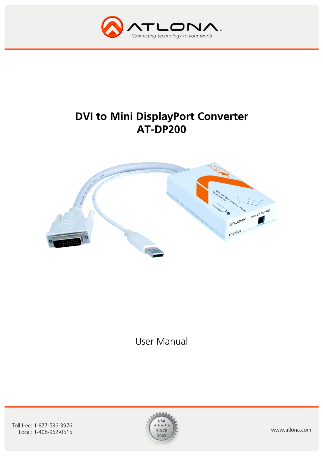 Atlona user manual DVI to Mini DisplayPort Converter AT-DP200 