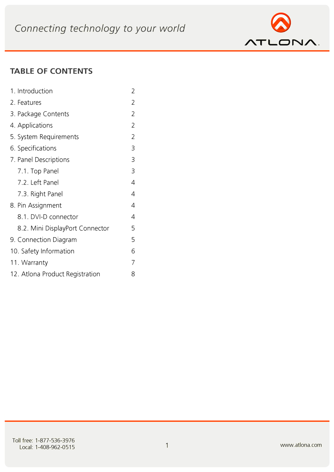 Atlona AT-DP200 user manual Table of Contents 