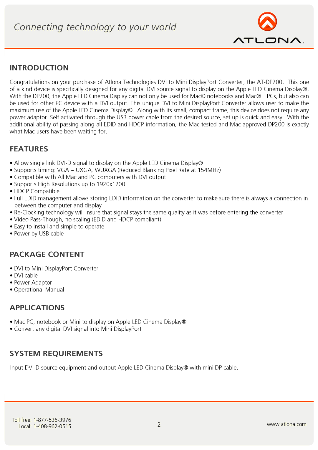 Atlona AT-DP200 user manual Introduction, Features, Package Content, Applications, System Requirements 