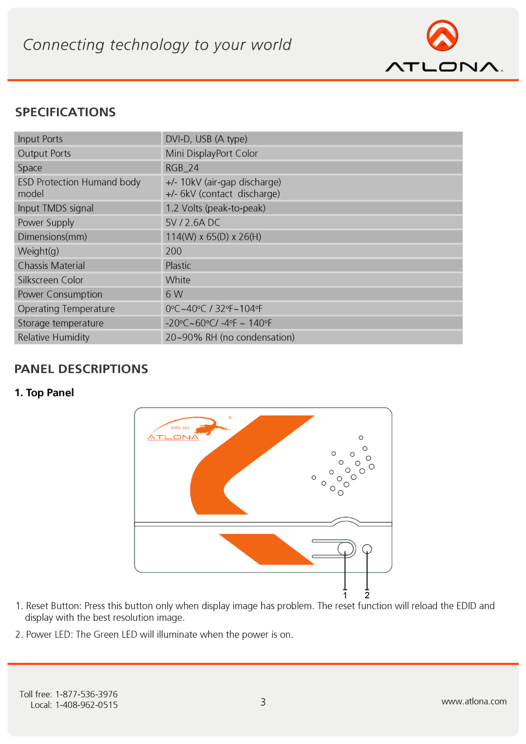 Atlona AT-DP200 user manual Specifications, Panel Descriptions, Top Panel 