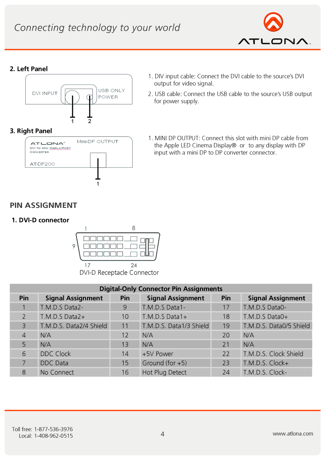 Atlona AT-DP200 user manual PIN Assignment, Left Panel, Right Panel, DVI-D connector 