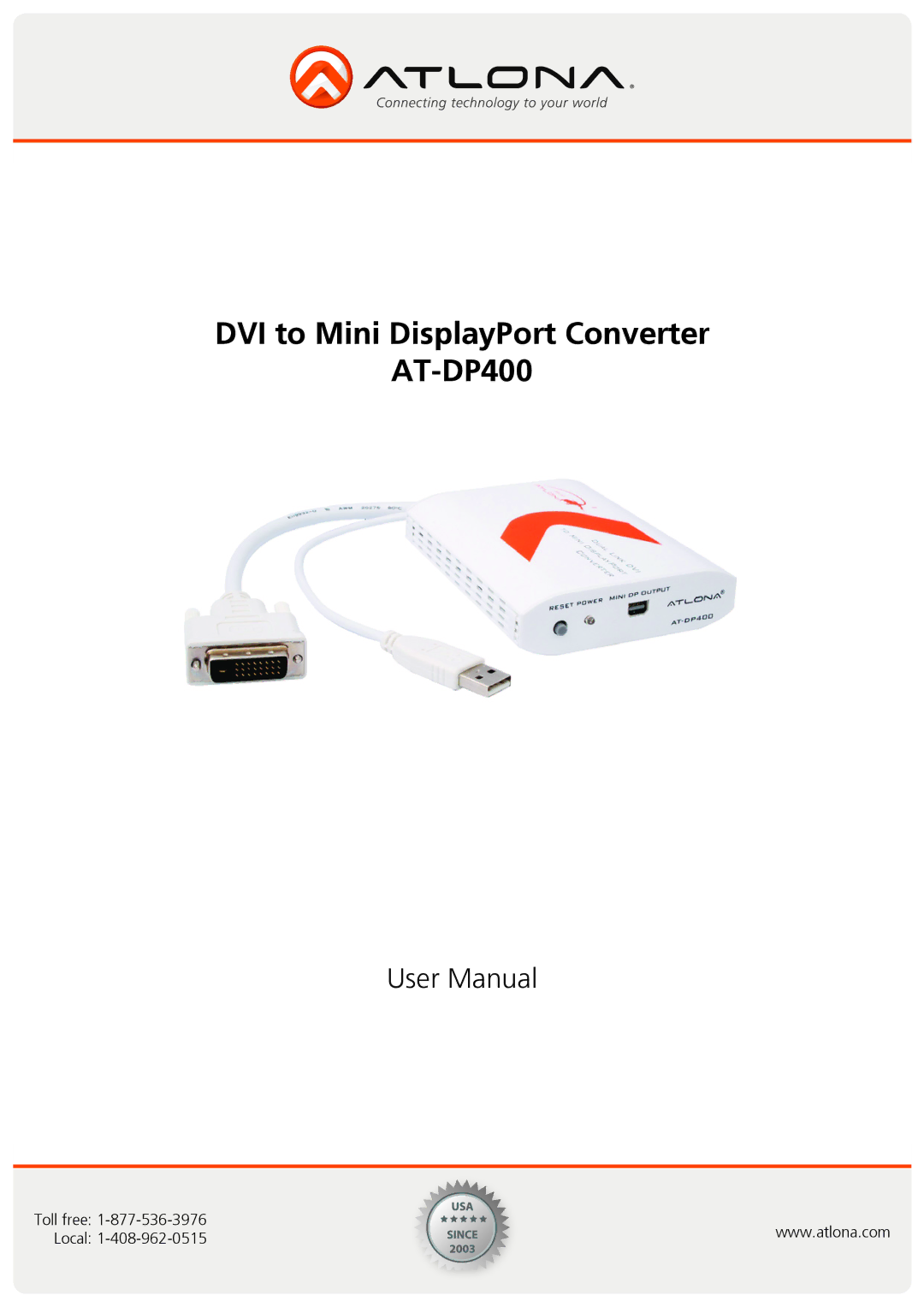 Atlona At-DP400 user manual DVI to Mini DisplayPort Converter AT-DP400 