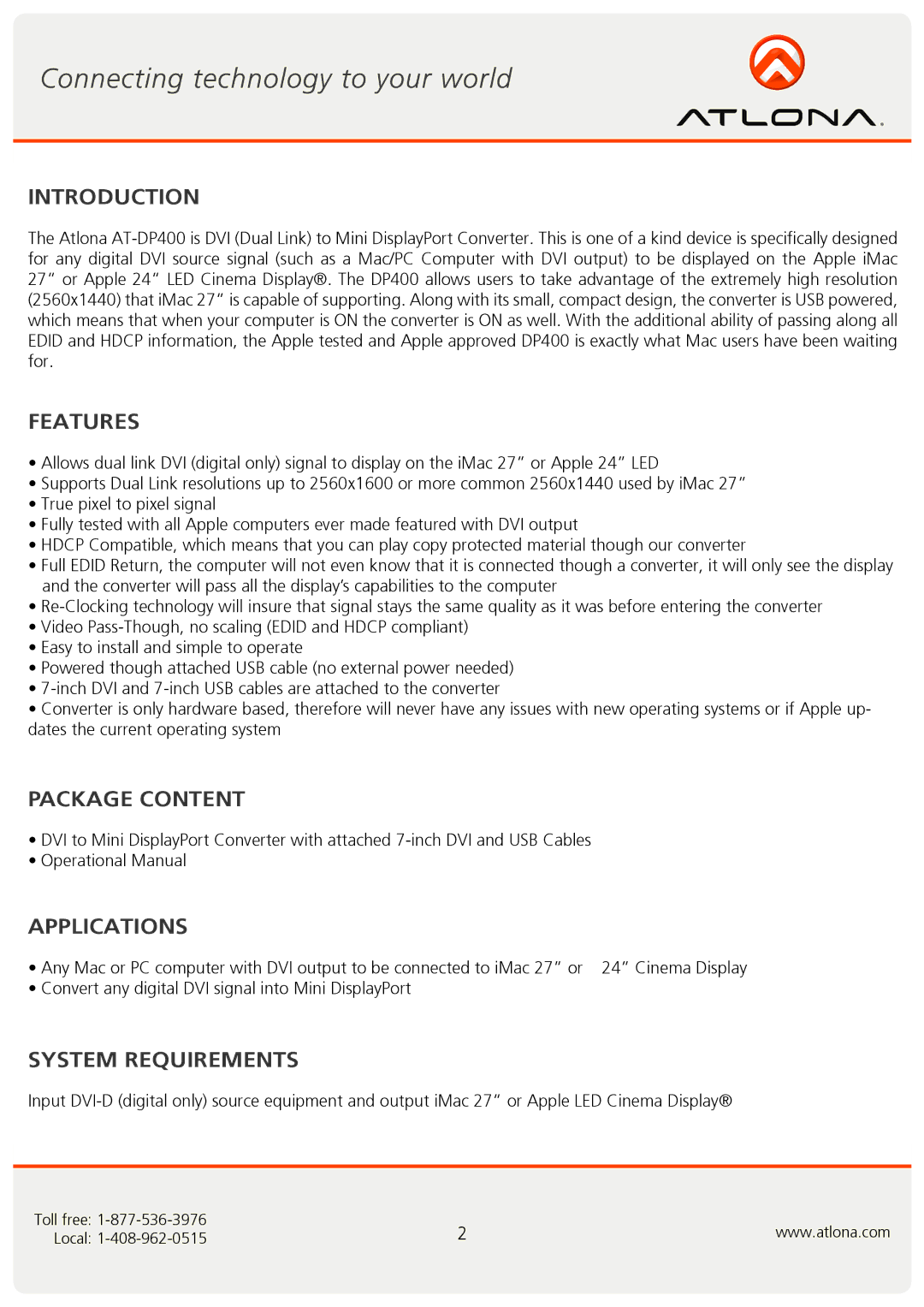 Atlona At-DP400 user manual Introduction, Features, Package Content, Applications, System Requirements 